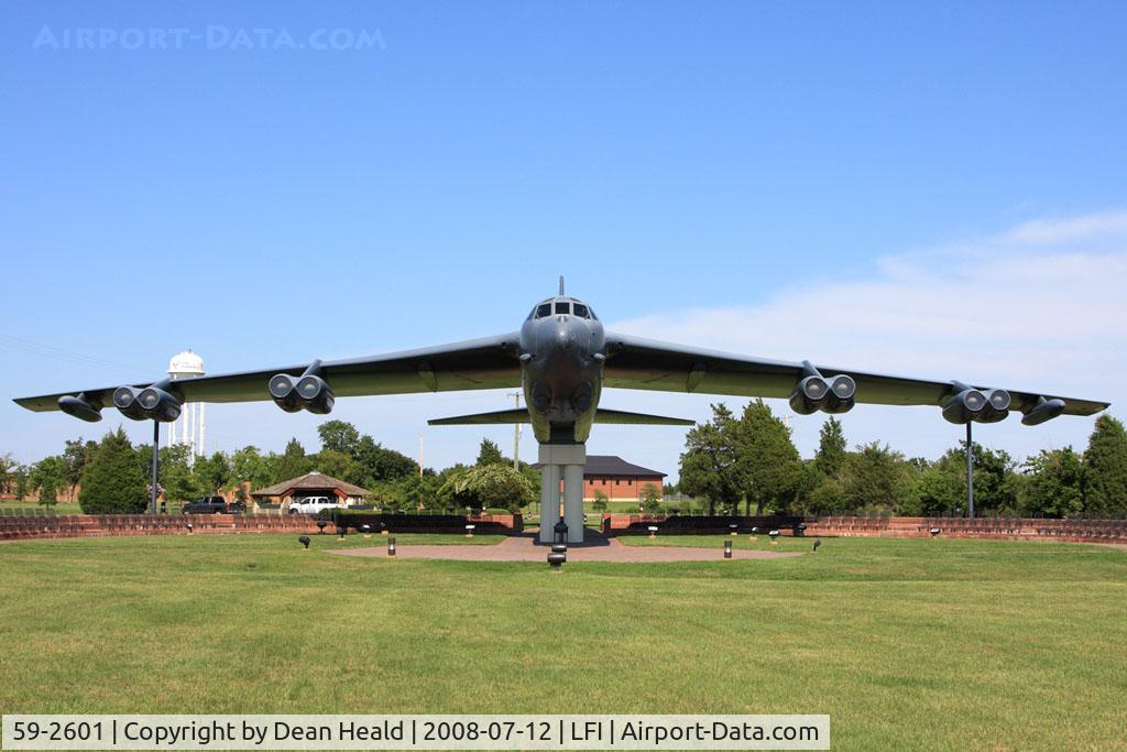 59-2601, 1959 Boeing B-52G Stratofortress C/N 464364, USAF Boeing B-52G Stratofortress 59-2601 rests proudly and peacefully on display near the La Salle Avenue Gate at Langley AFB. This is one of nine B-52G's that have been preserved and put on display.