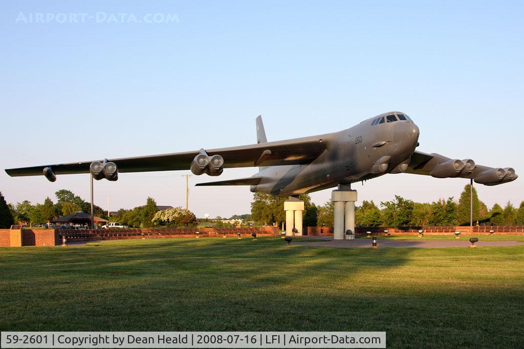 59-2601, 1959 Boeing B-52G Stratofortress C/N 464364, USAF Boeing B-52G Stratofortress 59-2601 rests proudly and peacefully on display near the La Salle Avenue Gate at Langley AFB. This is one of nine B-52G's that have been preserved and put on display.
