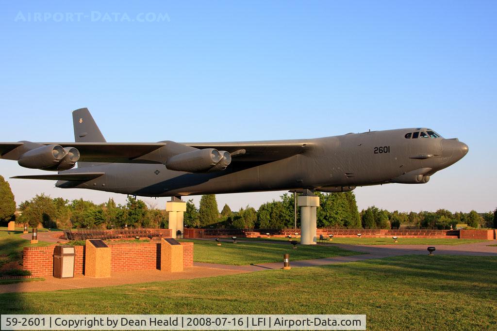 59-2601, 1959 Boeing B-52G Stratofortress C/N 464364, USAF Boeing B-52G Stratofortress 59-2601 rests proudly and peacefully on display near the La Salle Street Gate at Langley AFB. This is one of nine B-52G's that have been preserved and put on display.