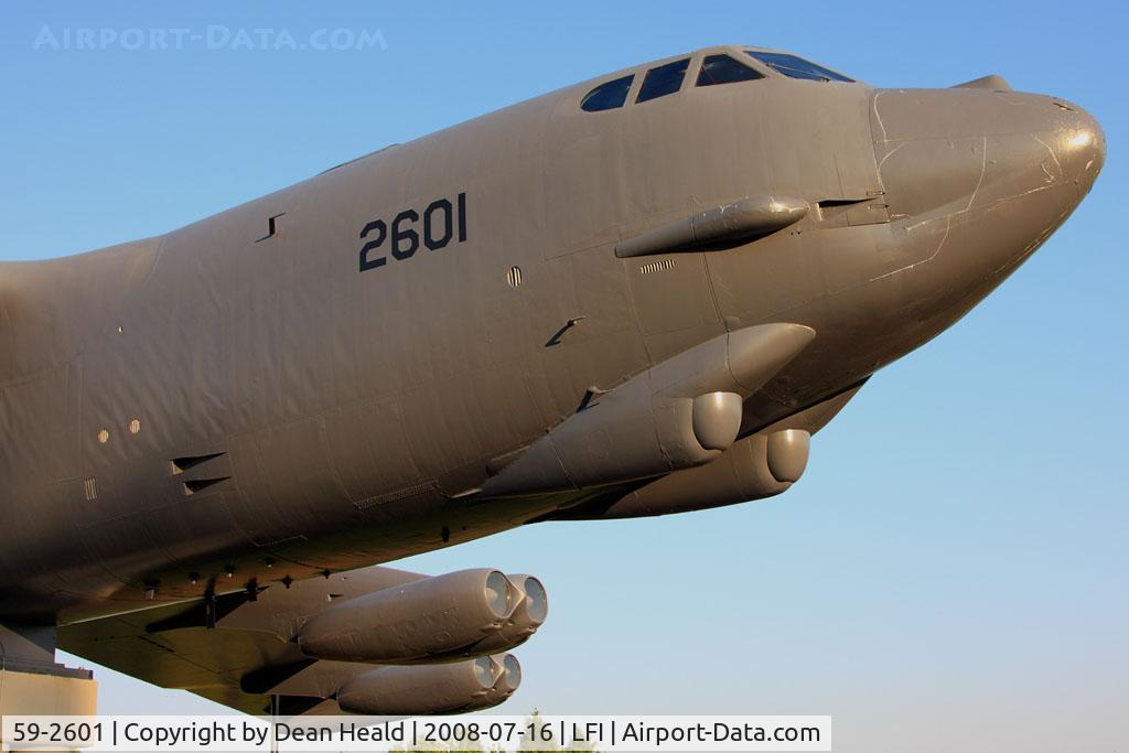 59-2601, 1959 Boeing B-52G Stratofortress C/N 464364, Holding her head high, USAF Boeing B-52G Stratofortress 59-2601 rests proudly and peacefully on display near the La Salle Street Gate at Langley AFB. This is one of nine B-52G's that have been preserved and put on display.