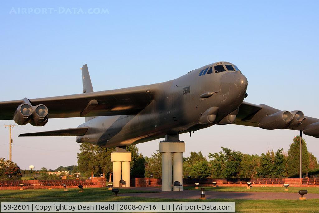 59-2601, 1959 Boeing B-52G Stratofortress C/N 464364, USAF Boeing B-52G Stratofortress 59-2601 rests proudly and peacefully on display near the La Salle Street Gate at Langley AFB. This is one of nine B-52G's that have been preserved and put on display.
