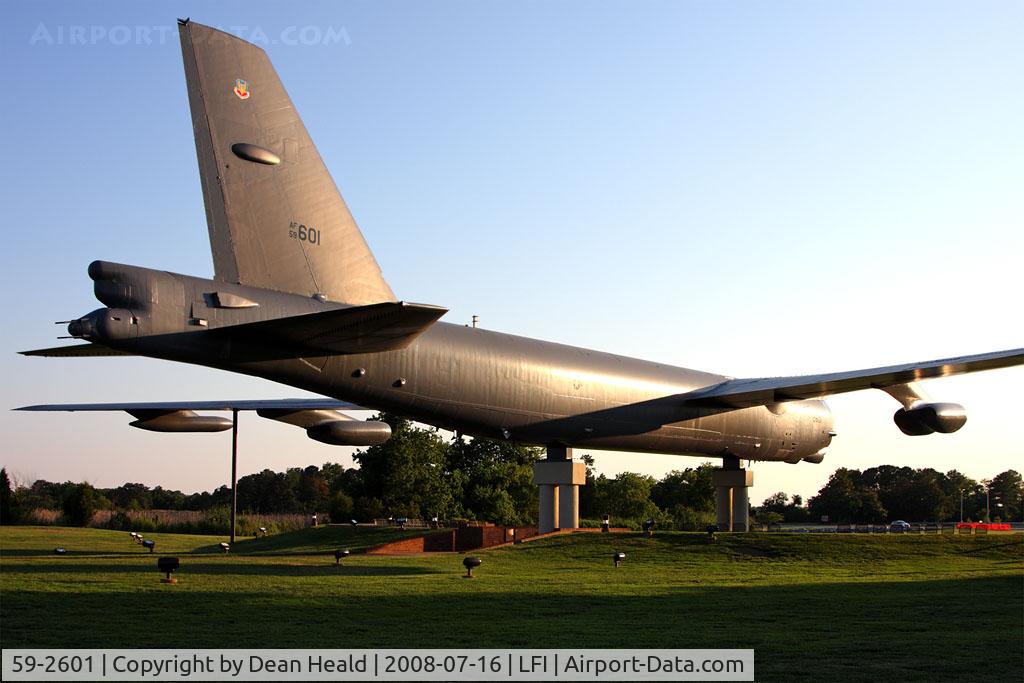 59-2601, 1959 Boeing B-52G Stratofortress C/N 464364, USAF Boeing B-52G Stratofortress 59-2601 rests proudly and peacefully on display near the La Salle Street Gate at Langley AFB. This is one of nine B-52G's that have been preserved and put on display.
