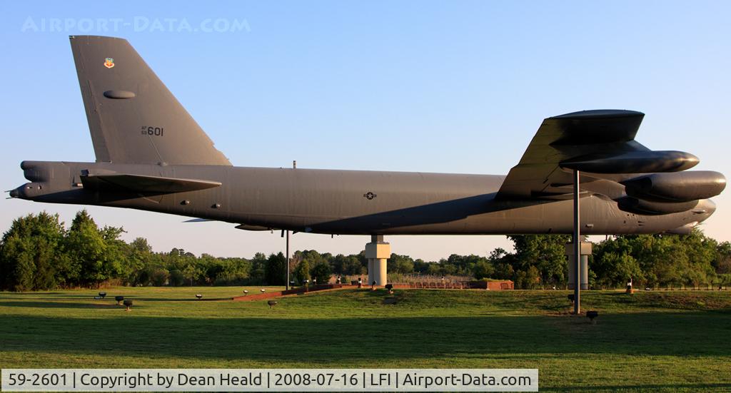 59-2601, 1959 Boeing B-52G Stratofortress C/N 464364, USAF Boeing B-52G Stratofortress 59-2601 rests proudly and peacefully on display near the La Salle Street Gate at Langley AFB. This is one of nine B-52G's that have been preserved and put on display.