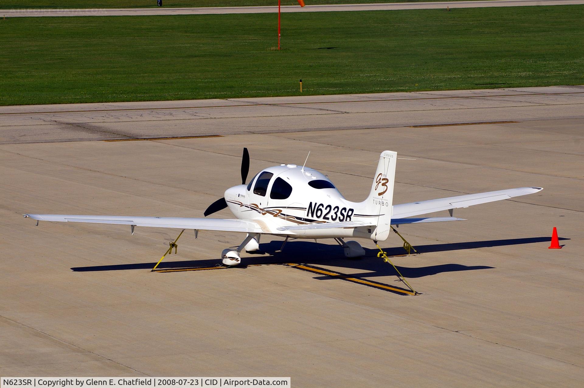 N623SR, 2007 Cirrus SR22 G3 GTS Turbo C/N 2461, Parked on the Landmark Ramp, as seen from my office in the tower.