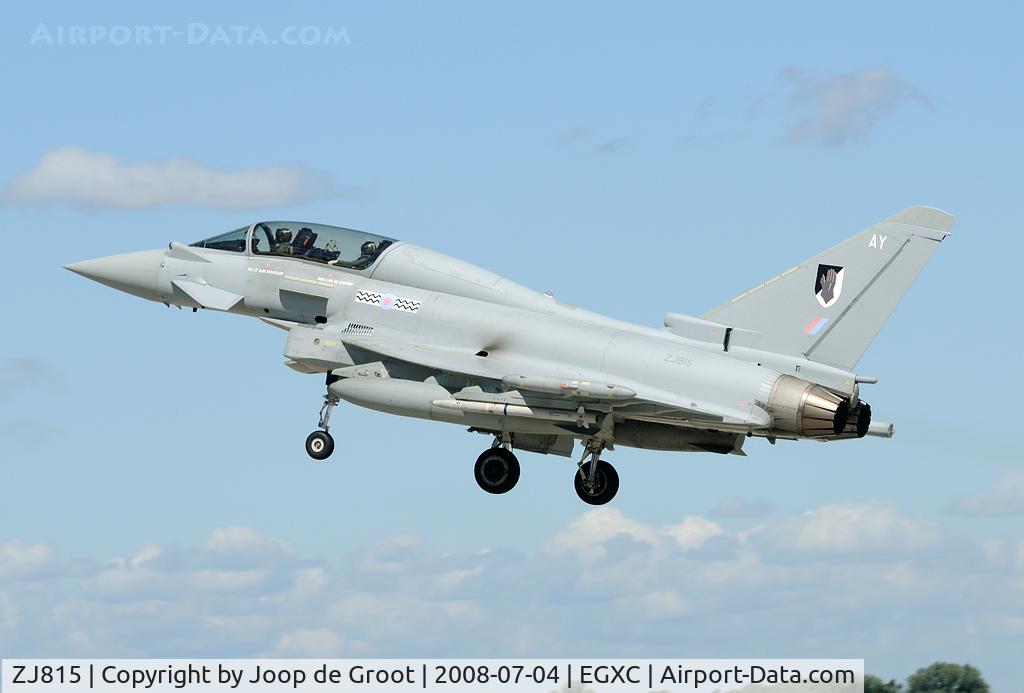 ZJ815, 2006 Eurofighter EF-2000 Typhoon T3 C/N 0129/BT016, ZJ815 has undergone the upgrade program with the infra red devise underneath the cockpit as the most visible feature.