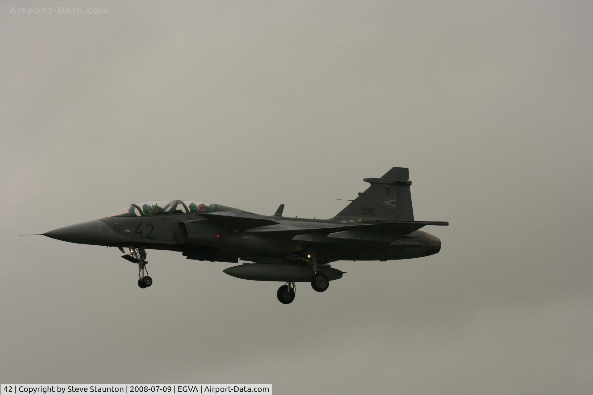42, Saab JAS-39D Gripen C/N 39851, Taken at the Royal International Air Tattoo 2008 during arrivals and departures (show days cancelled due to bad weather)