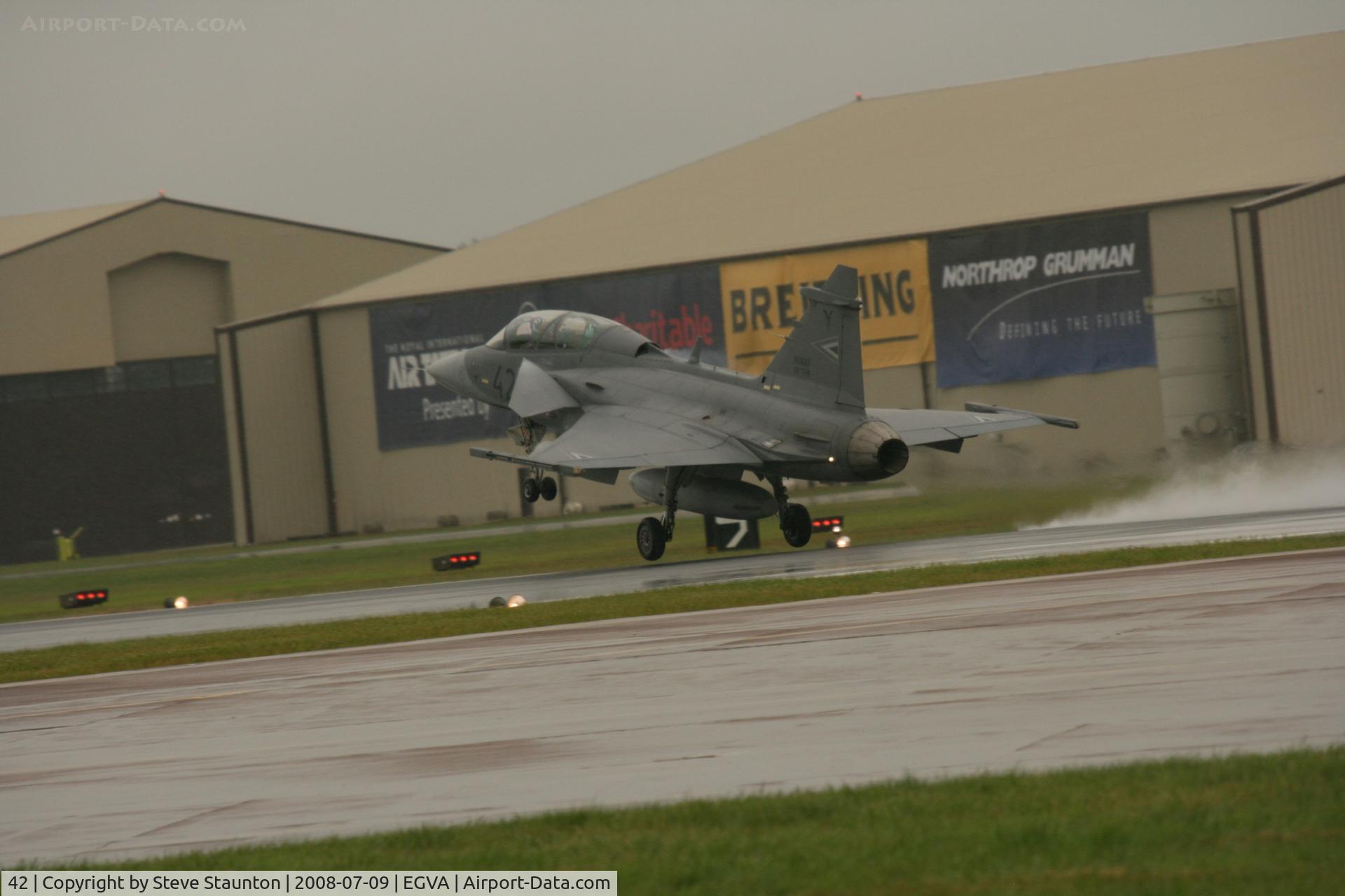 42, Saab JAS-39D Gripen C/N 39851, Taken at the Royal International Air Tattoo 2008 during arrivals and departures (show days cancelled due to bad weather)