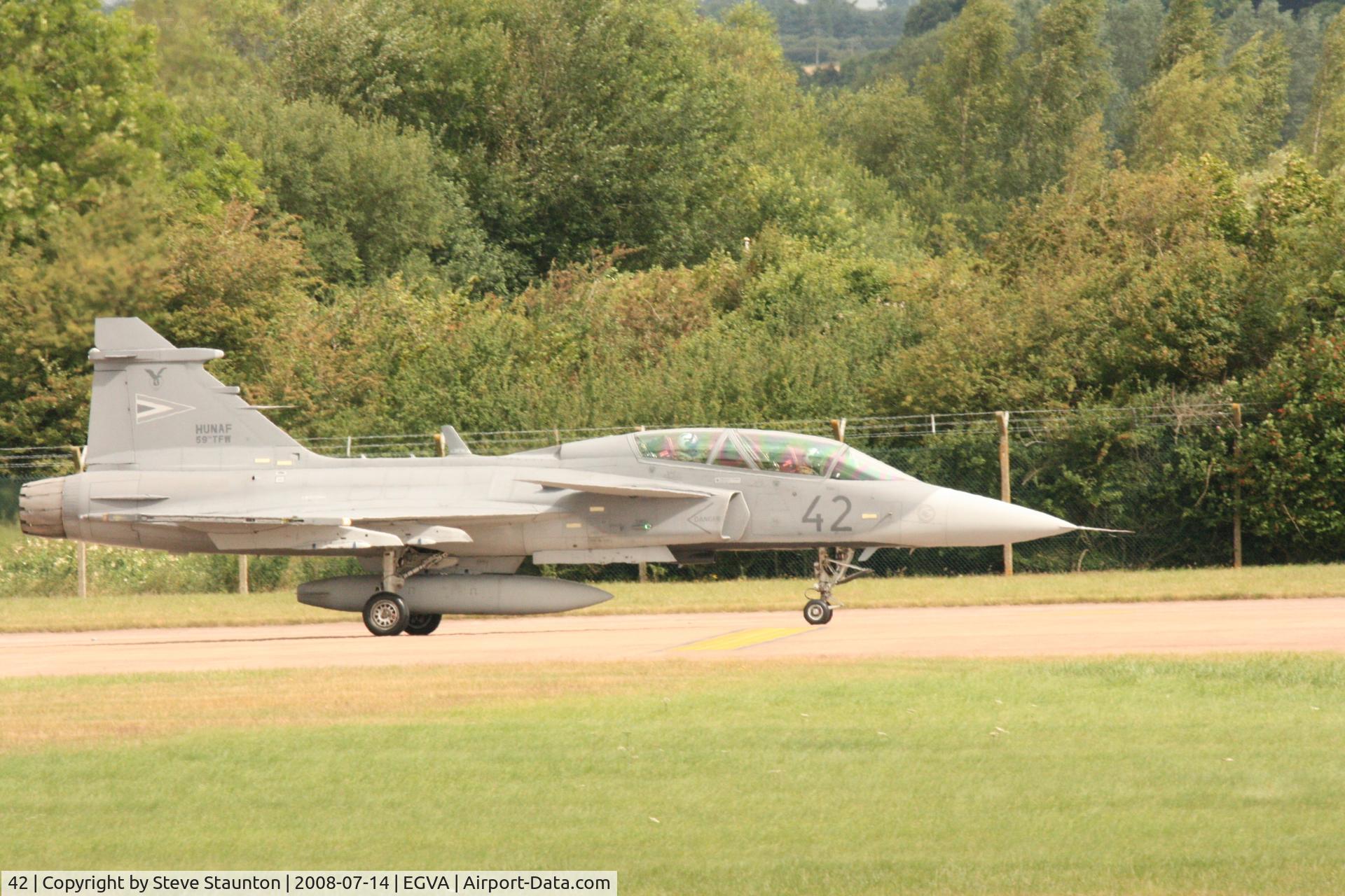 42, Saab JAS-39D Gripen C/N 39851, Taken at the Royal International Air Tattoo 2008 during arrivals and departures (show days cancelled due to bad weather)