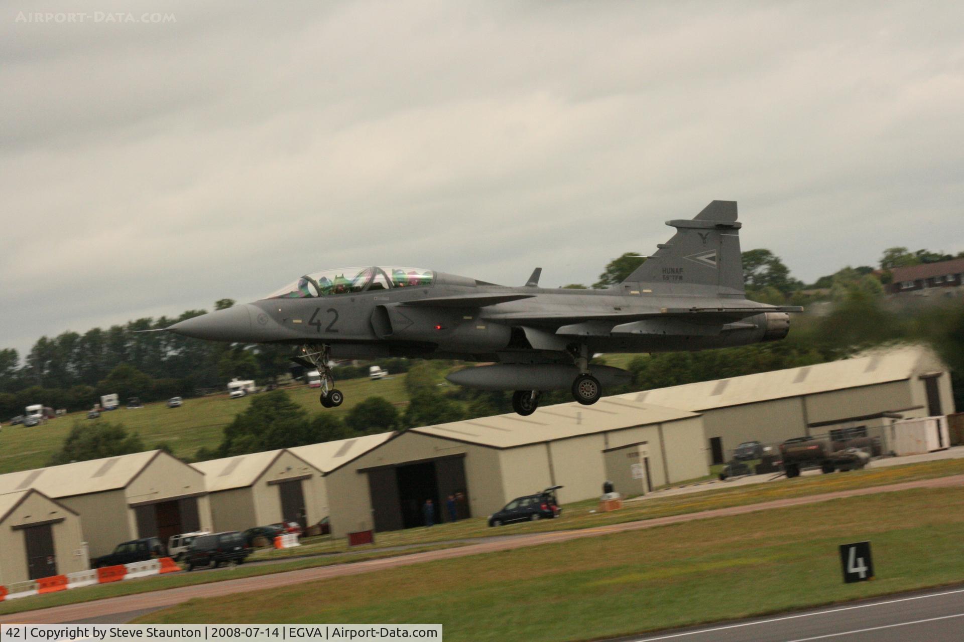 42, Saab JAS-39D Gripen C/N 39851, Taken at the Royal International Air Tattoo 2008 during arrivals and departures (show days cancelled due to bad weather)