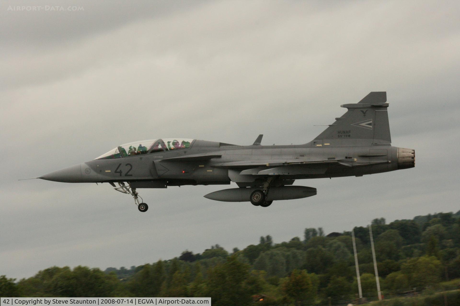 42, Saab JAS-39D Gripen C/N 39851, Taken at the Royal International Air Tattoo 2008 during arrivals and departures (show days cancelled due to bad weather)