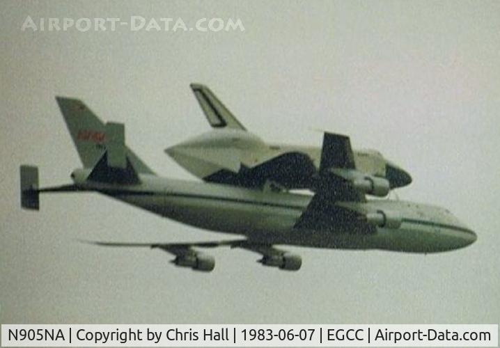 N905NA, 1970 Boeing 747-123 C/N 20107, Space shuttle transporter carrying the Enterprise over Manchester Airport enroute from Le Bourget to Keflavik, scan from a photograph