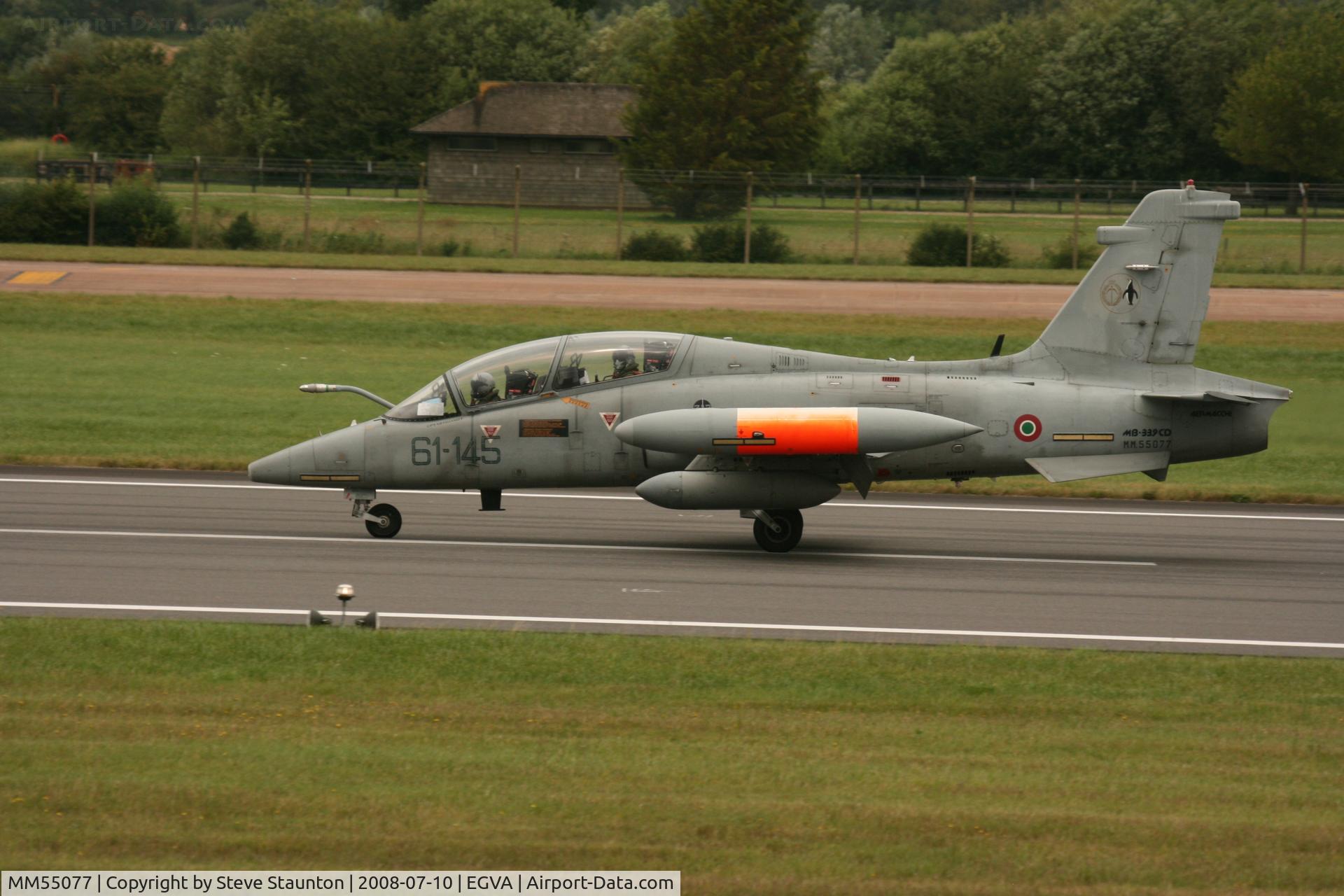 MM55077, Aermacchi MB-339CD C/N 213/CD016, Taken at the Royal International Air Tattoo 2008 during arrivals and departures (show days cancelled due to bad weather)