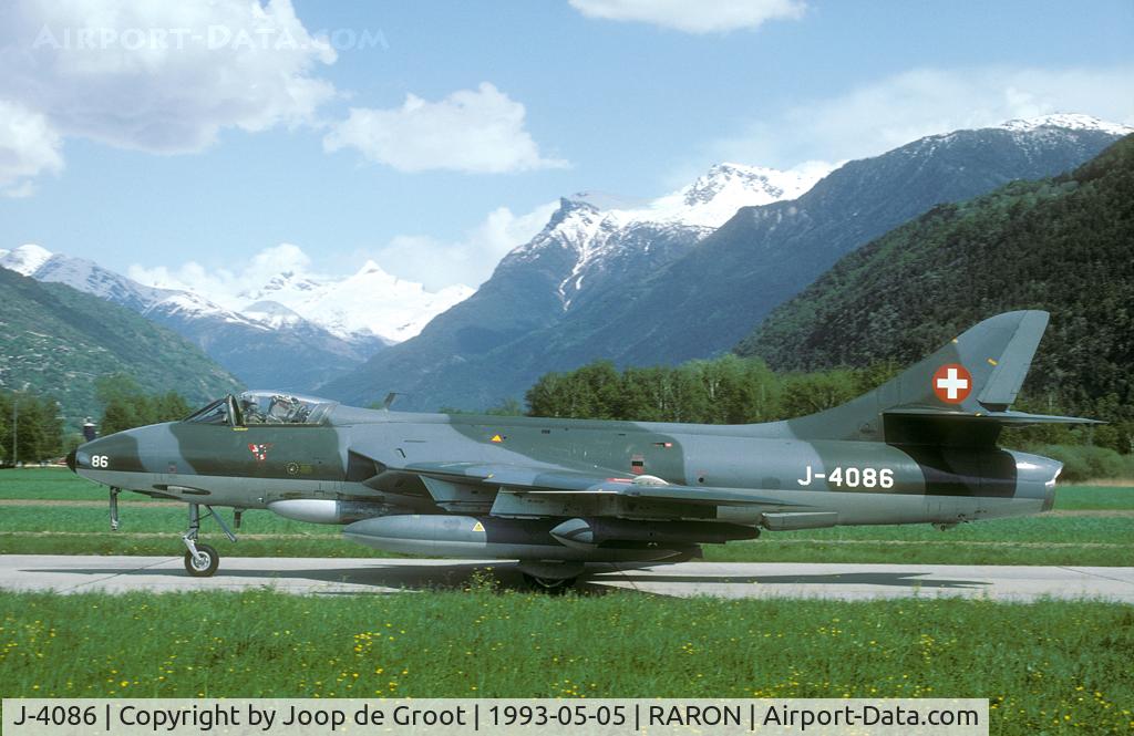 J-4086, 1960 Hawker Hunter F.58 C/N 41H-697453, Seen on its last exercise at Raron