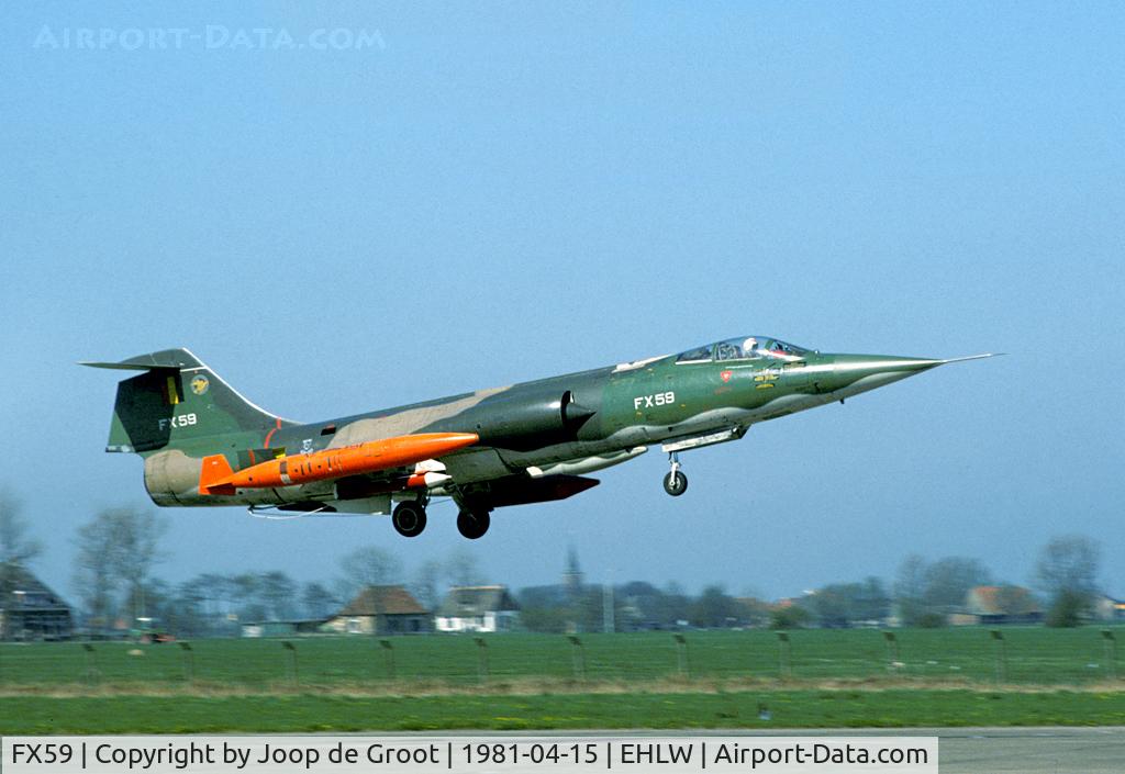 FX59, Lockheed F-104G Starfighter C/N 683-9102, On regular basis Belgian Starfighters came to Leeuwarden for an armament practise camp. This one is fitted with target towing gear
