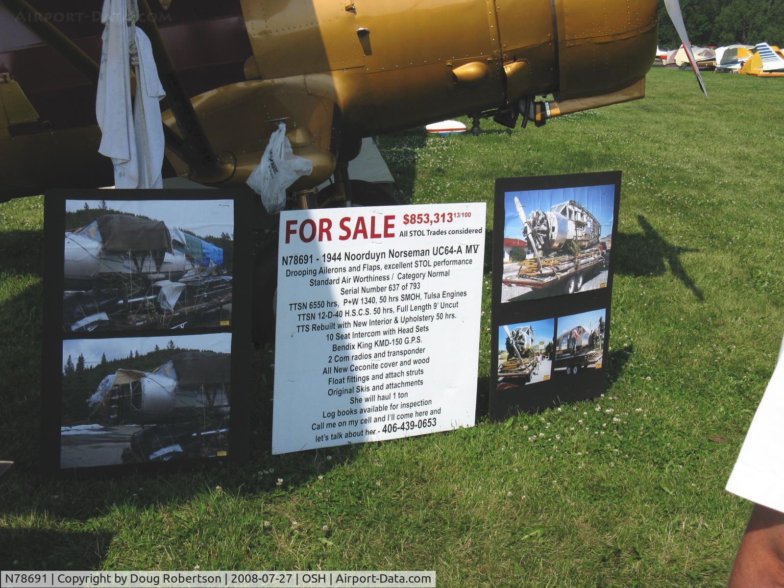 N78691, 1944 Noorduyn UC-64A Norseman C/N 637, 1944 Noorduyn Norseman UC-64A Mk.IV improved to Mk.V Canadian Car & Foundry version, P&W R-1340 600 Hp Wasp, 'Big Beautiful Babushka', data