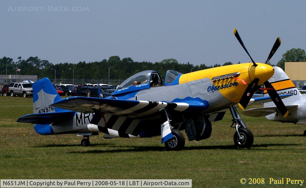 N651JM, 1944 North American/aero Classics P-51D C/N 44-74976, On the hot grass at Lumberton.  Looks like some painting as of late, the letters are outlined.