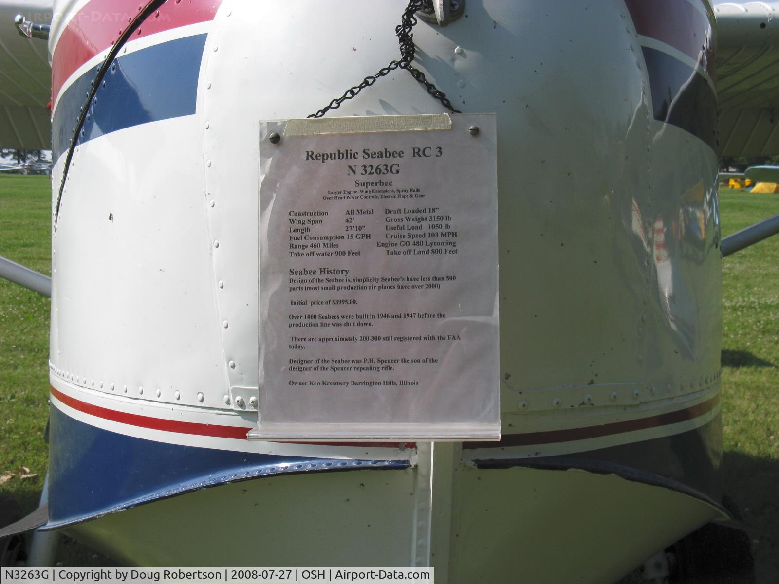 N3263G, 1947 Republic RC-3 Seabee C/N 361, 1947 Republic RC-3 SEABEE, Lycoming GO-480 replacement for original 215 Hp Franklin.