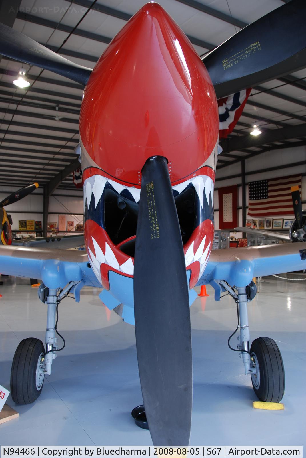 N94466, 1942 Curtiss P-40E C/N AK-899, Flying Tiger Front View. On display at the Warhawk Air Museum.