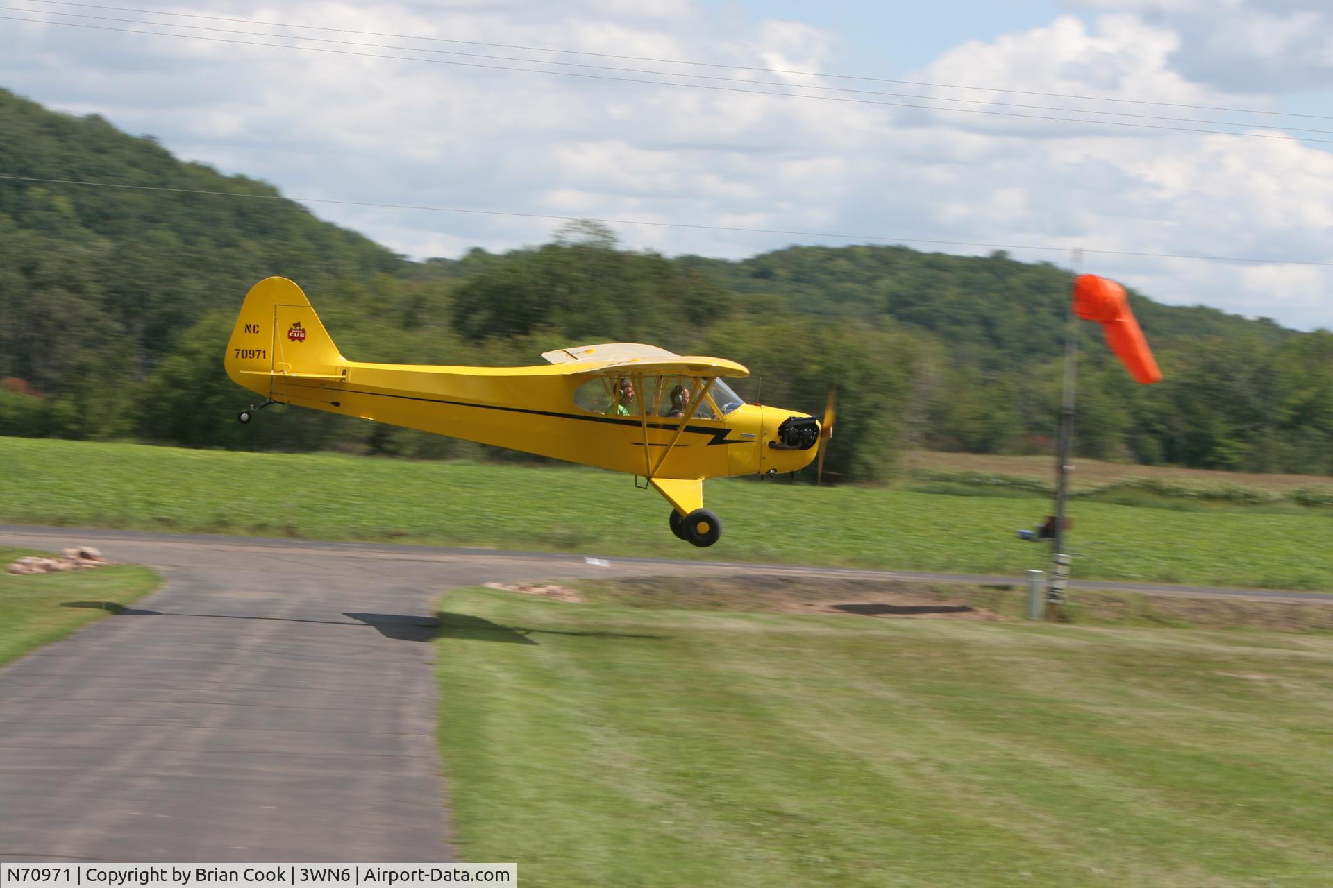 N70971, Piper J3C-65 Cub Cub C/N 18001, Fly-by at Knutson's Farm