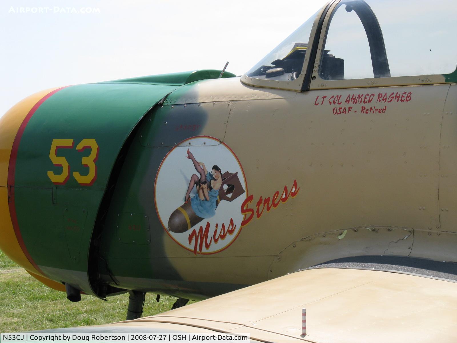 N53CJ, 1972 Nanchang CJ-6A C/N 2432062, 1972 Nanchang China CJ-6A, Housai 6jIA 285 Hp 9 cylinder radial, 'Miss Stress', finest nose art at EAA AirVenture 2008!