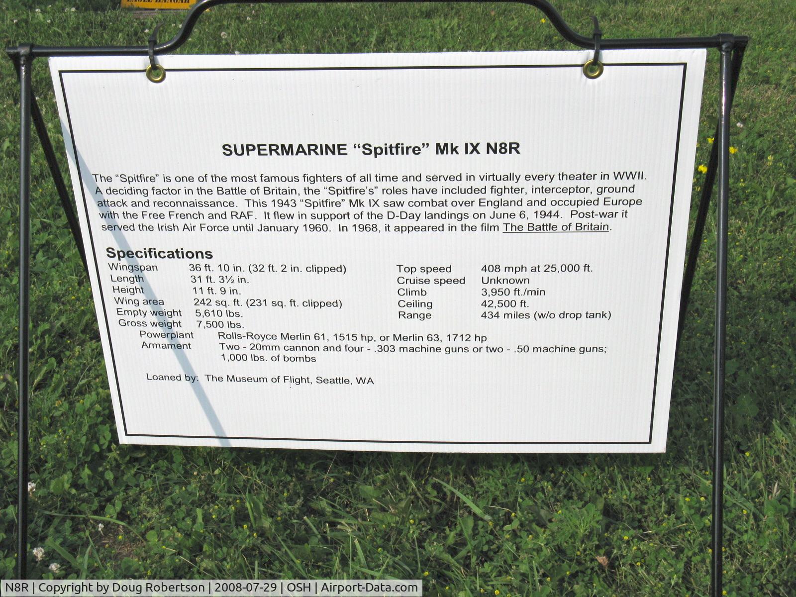 N8R, 1943 Supermarine 361 Spitfire IX C/N CBAF.7269, 1943 Vickers SUPERMARINE 'SPITFIRE' Mk IX, one Roll Royce Merlin B1 1,515 Hp or one Merlin 63 1,712 Hp, data
