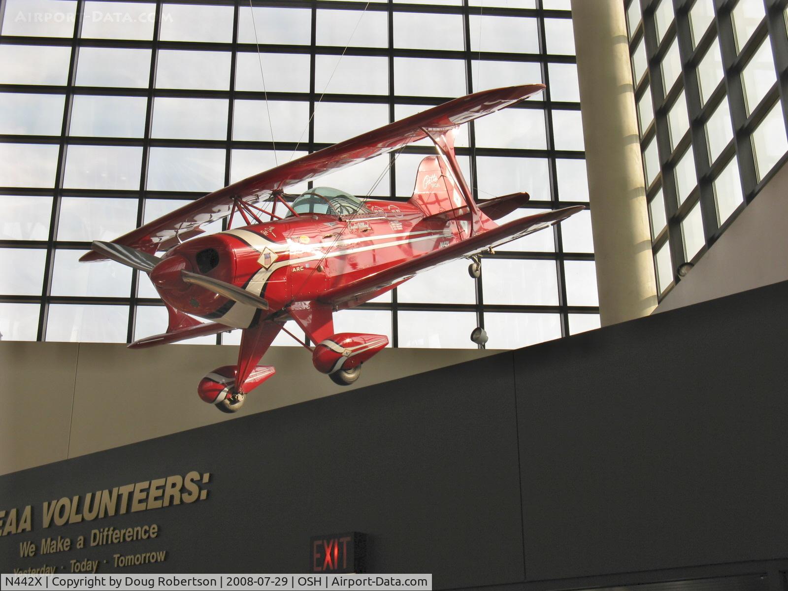 N442X, 1969 Pitts S-1 Special C/N 117H, 1969 PITTS SPECIAL S-1. Lycoming IO-360 A&C, hanging at Entry Foyer of EAA Museum. EAA President Tom Poberezny's old aerobatic ride.