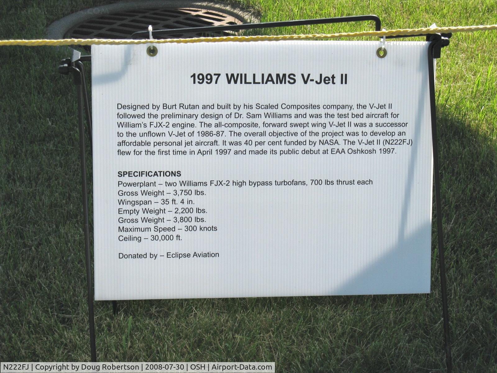 N222FJ, 1997 Scaled Composites 271 V-Jet II C/N 001, 1997 Scaled Composites Inc. 271 (Williams V-JET II) two Williams FJX-2 turbofans 700 lb thrust each, data