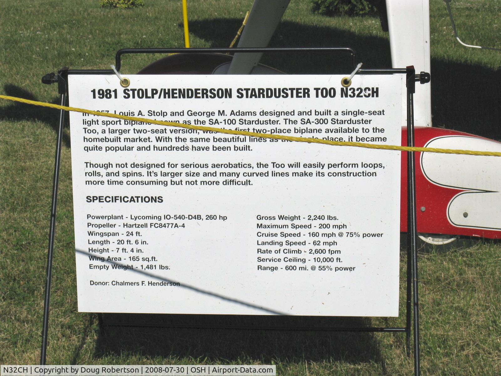 N32CH, 1981 Stolp SA-300 Starduster Too C/N 1961, 1981 Henderson SA-300 STARDUSTER TOO, Lycoming IO-540-D4B 260 Hp, data