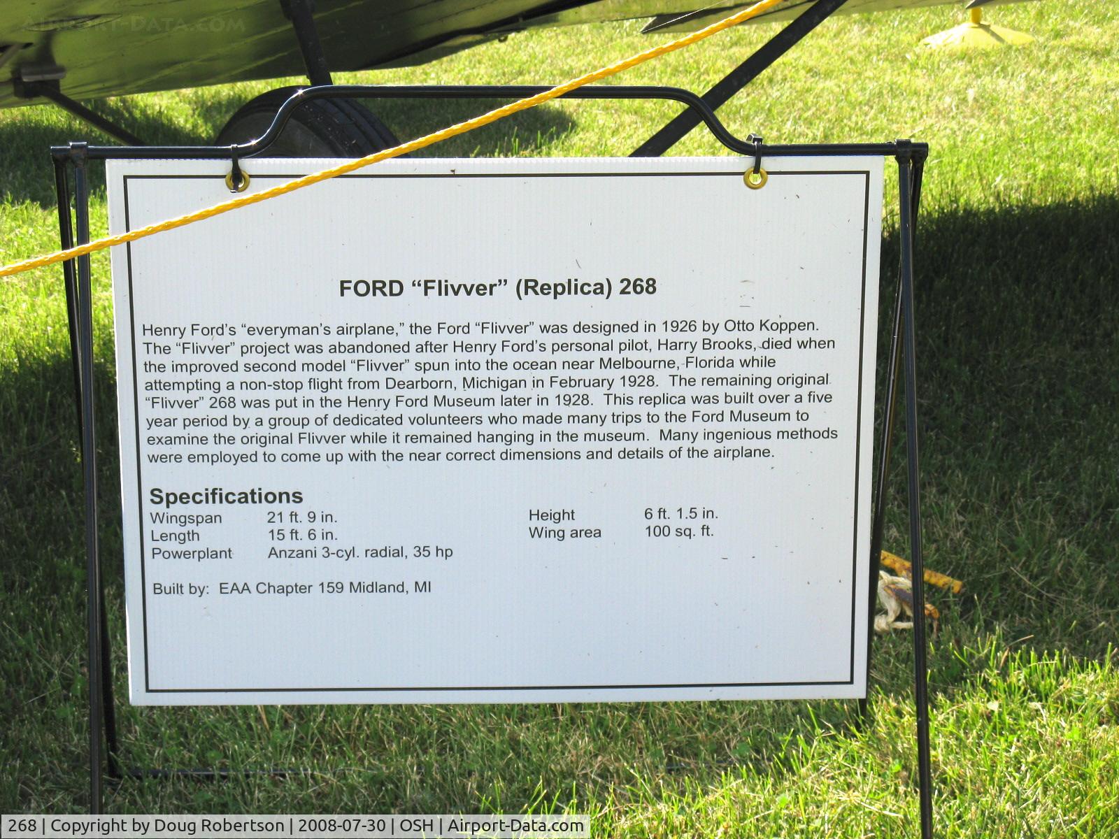 268, 1991 Ford Flivver Replica C/N 1, Ford 'FLIVVER' Replica 268, Anzani 3 cylinder radial 35 Hp, data