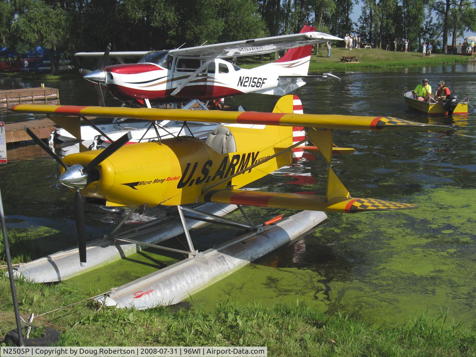 N2505P, 2008 Green Sky Adventures Micro Mong C/N 32, 2006 Knapp MICRO MONG SPORT, Rotax 582 65 Hp. C gearbox 3:1 ratio-5,000 rpm gives 90 mph, RK 400 clutch. Scratchbuilt floats. This little, light seaplane lifts off in an incredible two and one-half seconds! Cockpit access not too easy!