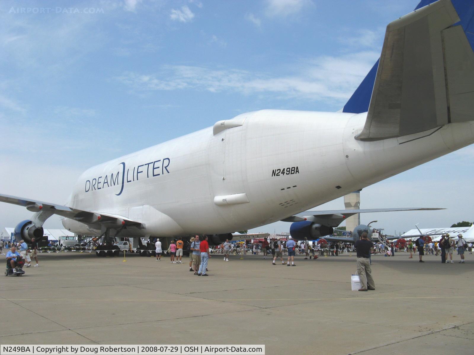 N249BA, 1989 Boeing 747-409LCF C/N 24309, Boeing 747-409 DREAMLIFTER Very Large Cargo freighter, swing tail for loading, four Turbofans. At EAA AirVenture 2008 occupying most of Aeroshell Square. I need a wider-angle lens!