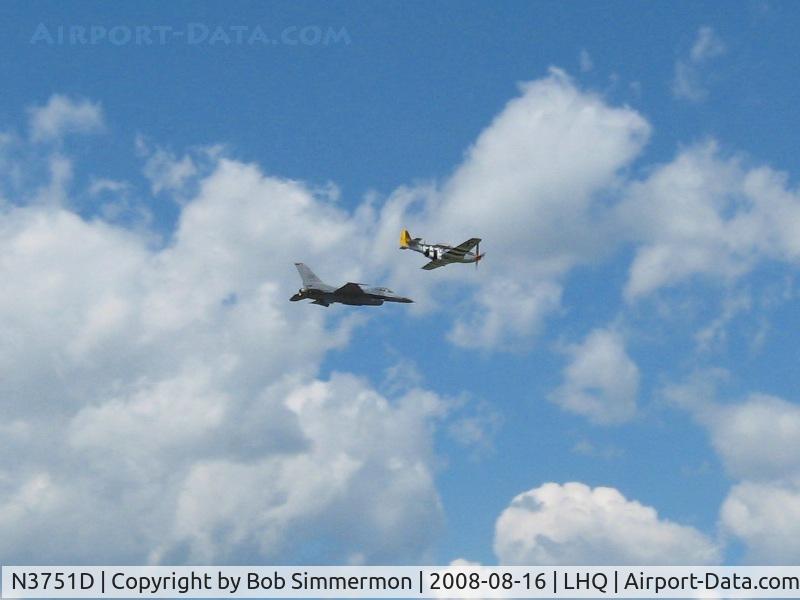 N3751D, 1944 North American P-51D Mustang C/N 122-39665, Performing in formation with F-16 at Wings of Victory airshow - Lancaster, Ohio