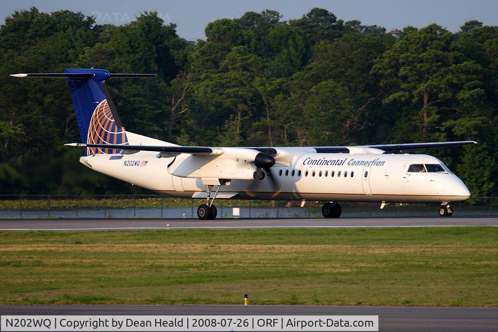 N202WQ, 2008 De Havilland Canada DHC-8-402 Dash 8 C/N 4202, Continental Connection (operated by Colgan Air) N202WQ (FLT CJC3227) on takeoff roll on RWY 23 enroute to Newark Liberty Int'l (KEWR) after a lengthy delay. This aircraft is brand new to the fleet.