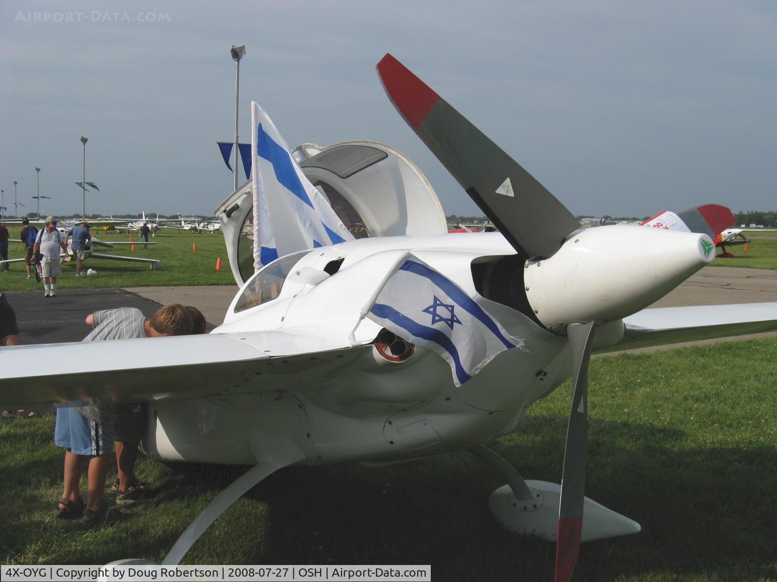 4X-OYG, 1996 Co-Z Cozy Mark IV C/N 1194, 1996 Gil COZY Mk. IV, Lycoming IO-360-A1B6 200 Hp, triblade MT prop, Micro vortex generators, flew to EAA AirVenture 2008 from Israel across the Atlantic Ocean. Numerous mods to address Israel's three-digit heat. 