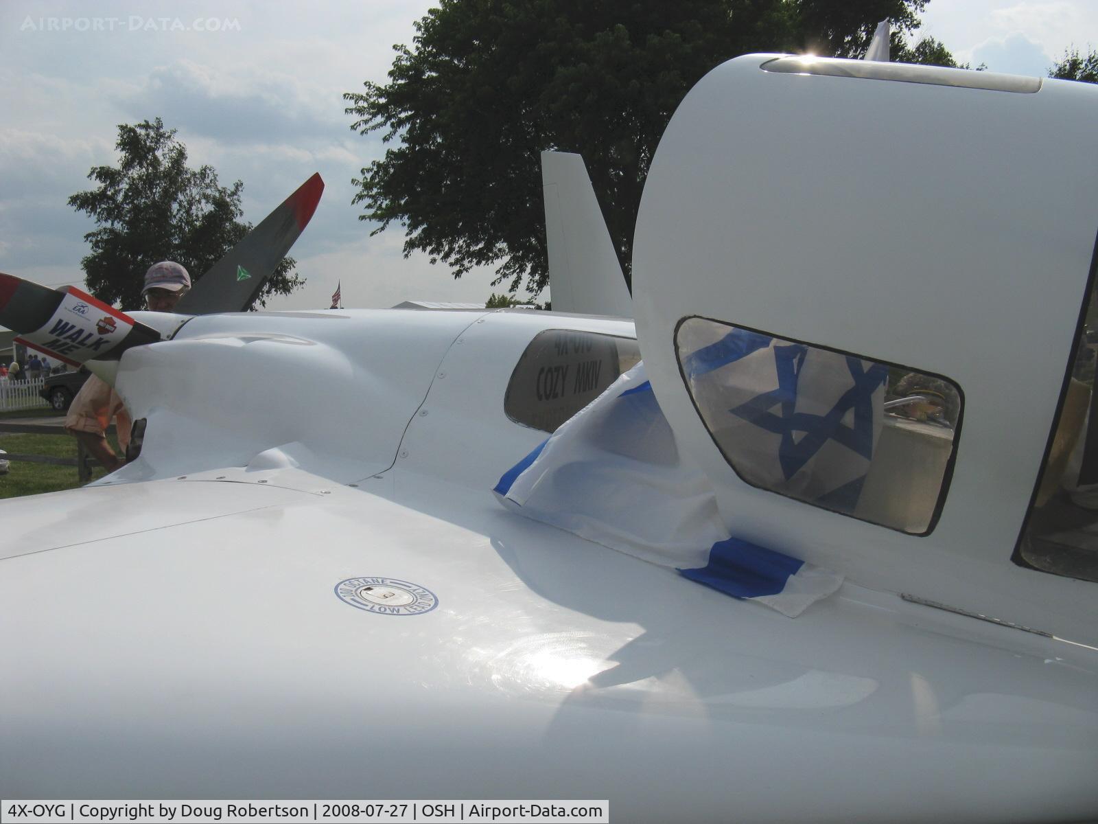 4X-OYG, 1996 Co-Z Cozy Mark IV C/N 1194, 1996 Gil COZY Mk. IV, Lycoming IO-360-A1B6 200 Hp, flew to EAA AirVenture 2008 from Israel in 47 hours over nine flying days with media interviews at nearly every stop.