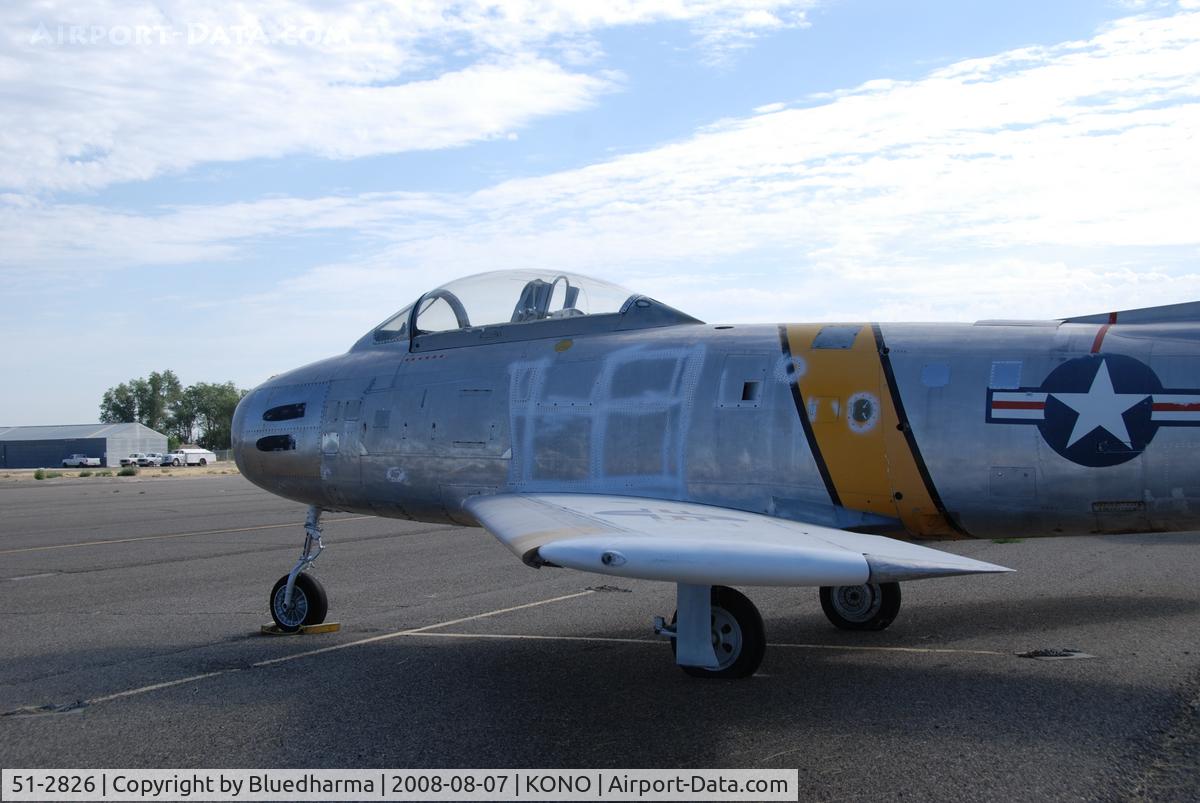 51-2826, 1952 North American F-86F-2 Sabre C/N 172-109, Parked at Ontario Airport. Korean War combat veteran. Part of Project GunVal. Part of the Merle Maine collection