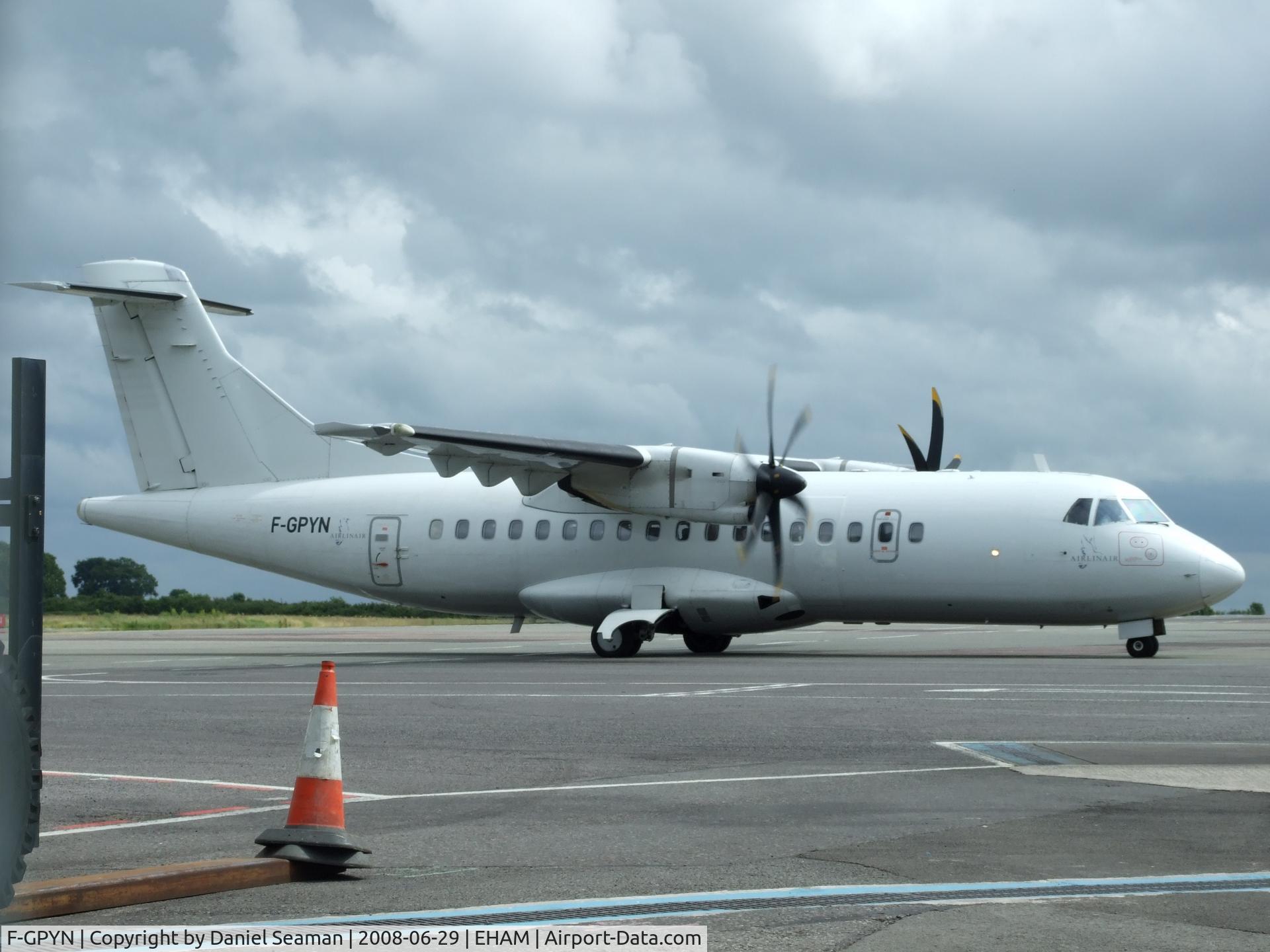 F-GPYN, 1997 ATR 42-500 C/N 539, taxing onto stand.