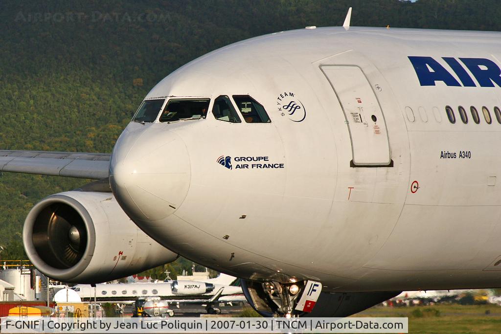 F-GNIF, 1997 Airbus A340-313X C/N 168, About to depart Princess Juliana for CDG.