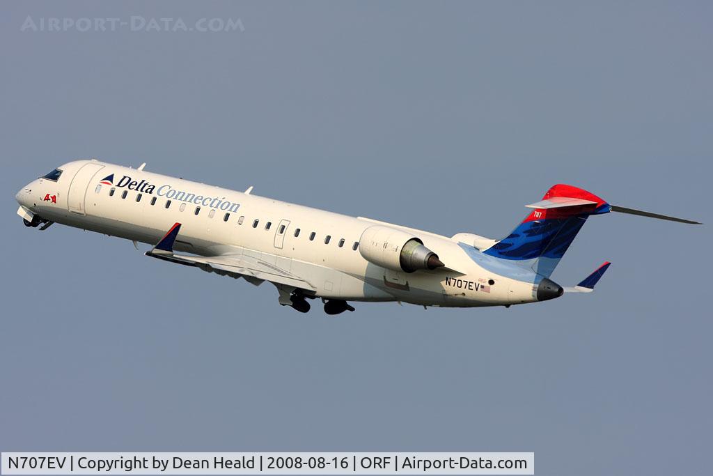 N707EV, 2002 Bombardier CRJ-701 (CL-600-2C10) Regional Jet C/N 10057, Delta Connection (operated by Atlantic Southeast Airlines) N707EV (FLT ASQ4555) climbing out from RWY 5 enroute to Hartsfield-Jackson Atlanta Int'l (KATL).