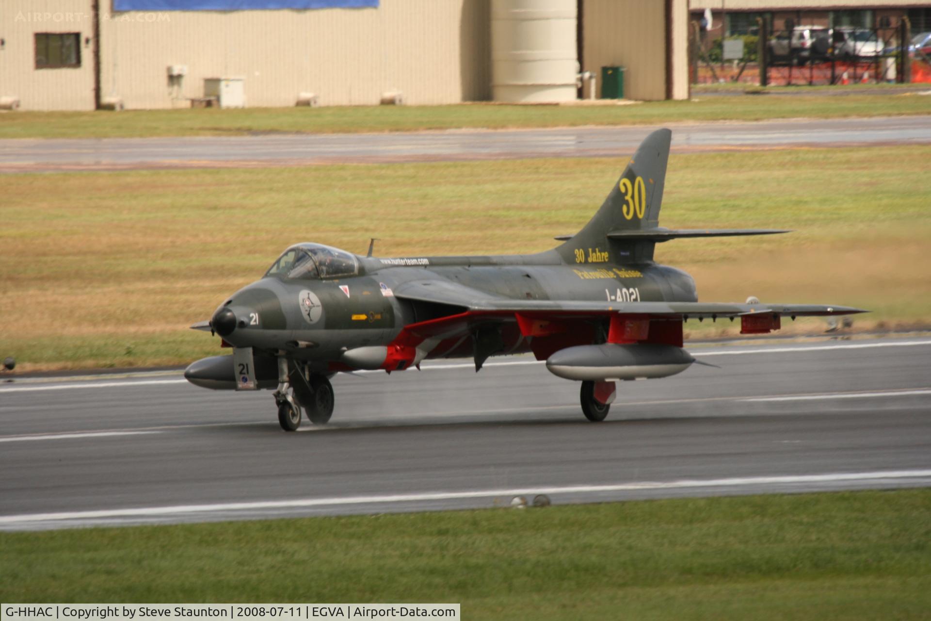 G-HHAC, 1959 Hawker Hunter F.58 C/N 41H-691770, Taken at the Royal International Air Tattoo 2008 during arrivals and departures (show days cancelled due to bad weather)