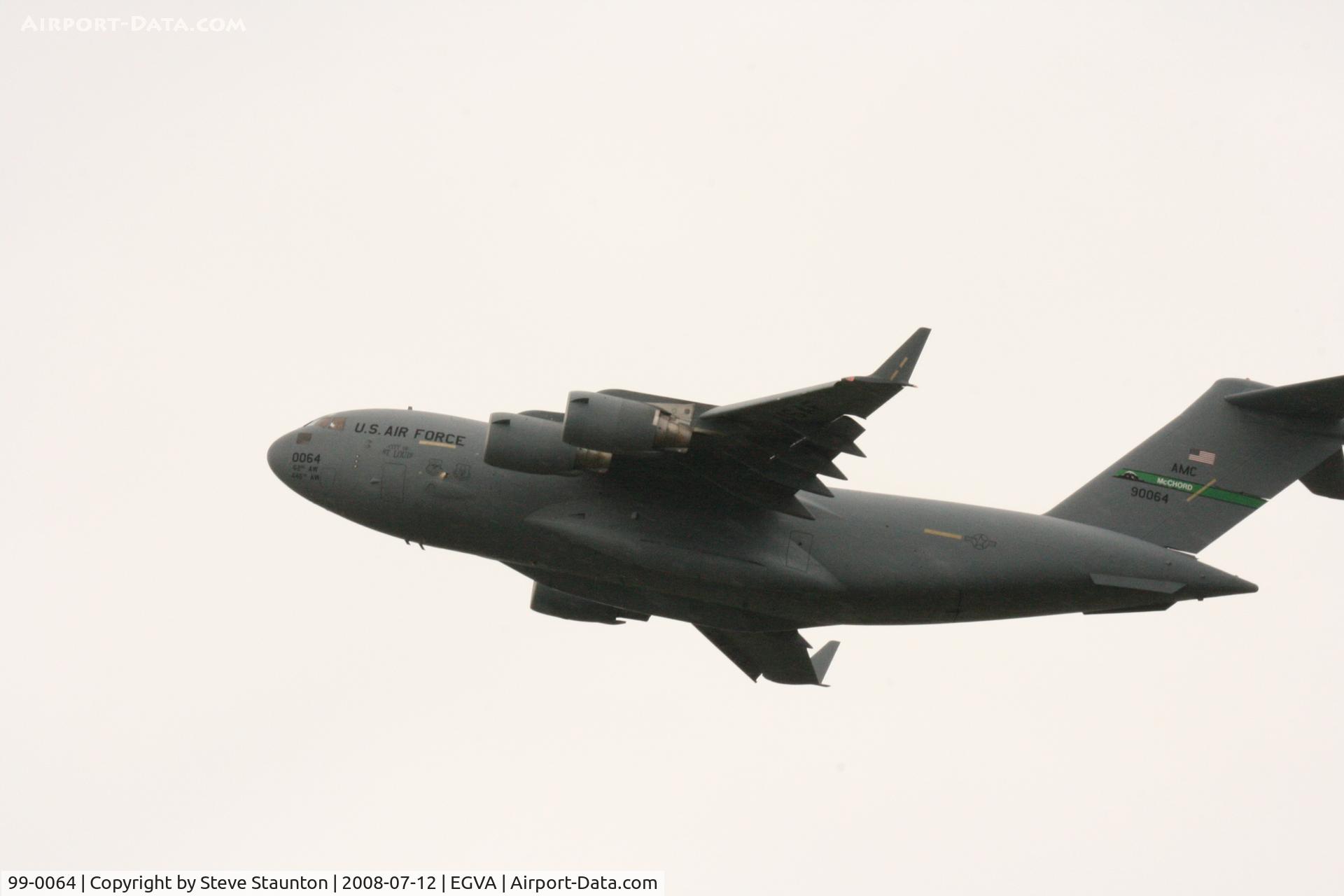 99-0064, 1999 Boeing C-17A Globemaster III C/N 50068/P-64, Taken at the Royal International Air Tattoo 2008 during arrivals and departures (show days cancelled due to bad weather)