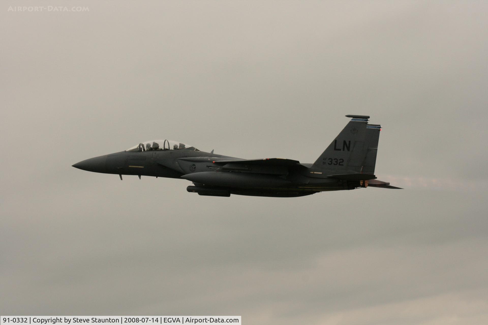 91-0332, 1991 McDonnell Douglas F-15E Strike Eagle C/N 1239/E197, Taken at the Royal International Air Tattoo 2008 during arrivals and departures (show days cancelled due to bad weather)