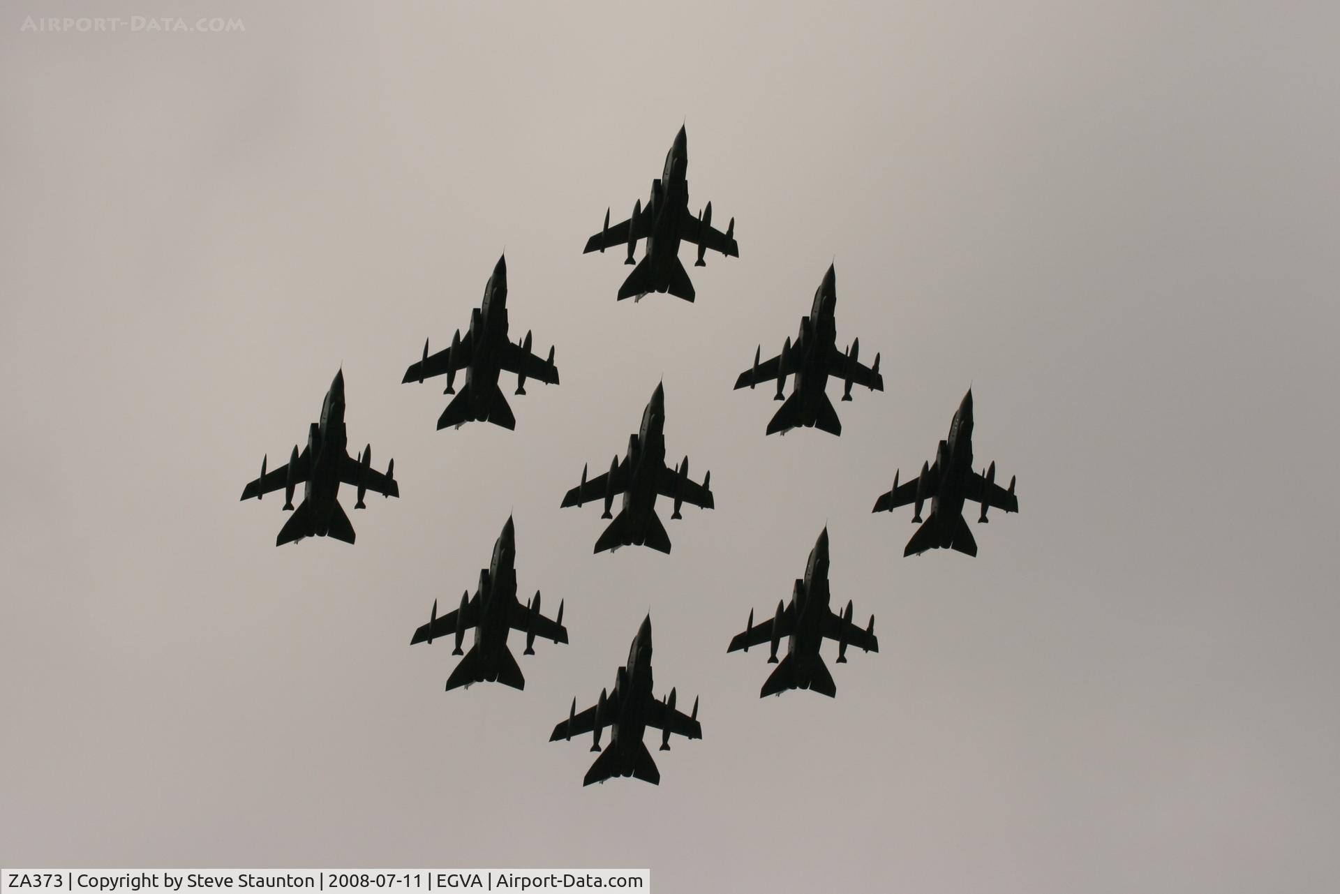 ZA373, 1982 Panavia Tornado GR.4A C/N 175/BS055/3087, Royal Air Force 90th Anniversary fly past 11th July 2008 at RIAT Fairford in front of Her Majesty The Queen on a cold, wet and gloomy English Summers Day