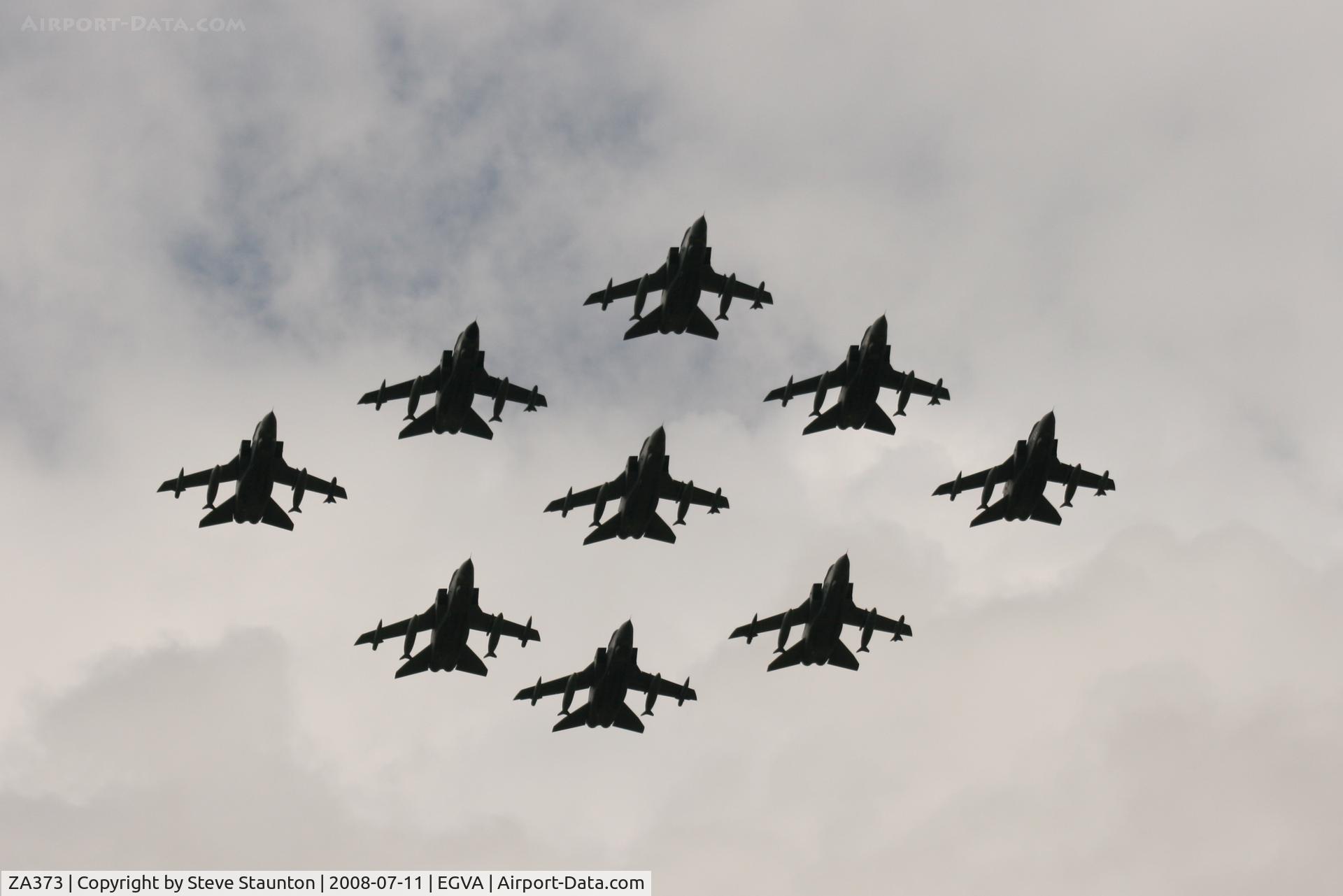 ZA373, 1982 Panavia Tornado GR.4A C/N 175/BS055/3087, Royal Air Force 90th Anniversary fly past 11th July 2008 at RIAT Fairford in front of Her Majesty The Queen on a cold, wet and gloomy English Summers Day
