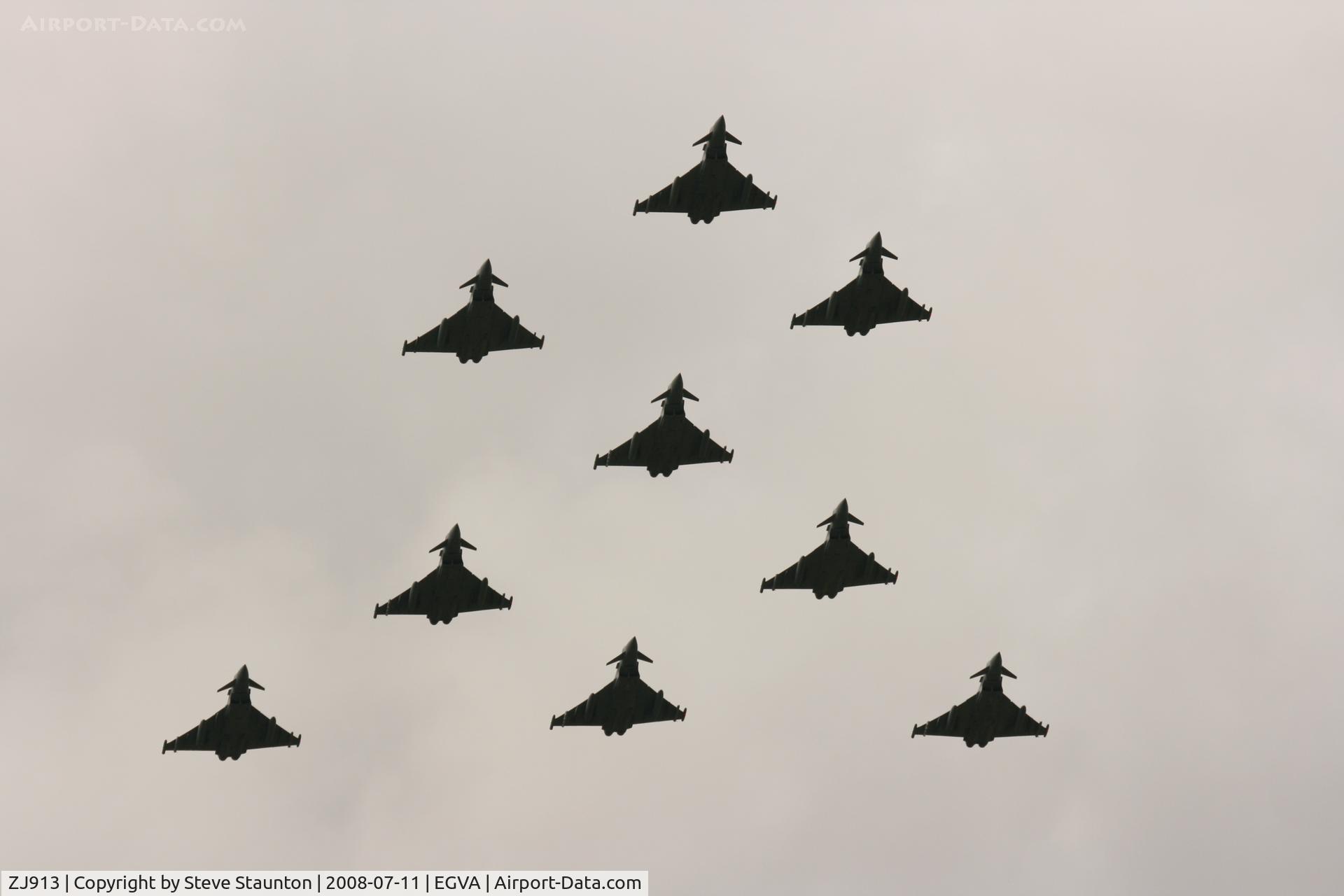 ZJ913, 2004 Eurofighter EF-2000 Typhoon FGR4 C/N 0047/BS004, Royal Air Force 90th Anniversary fly past 11th July 2008 at RIAT Fairford in front of Her Majesty The Queen on a cold, wet and gloomy English Summers Day