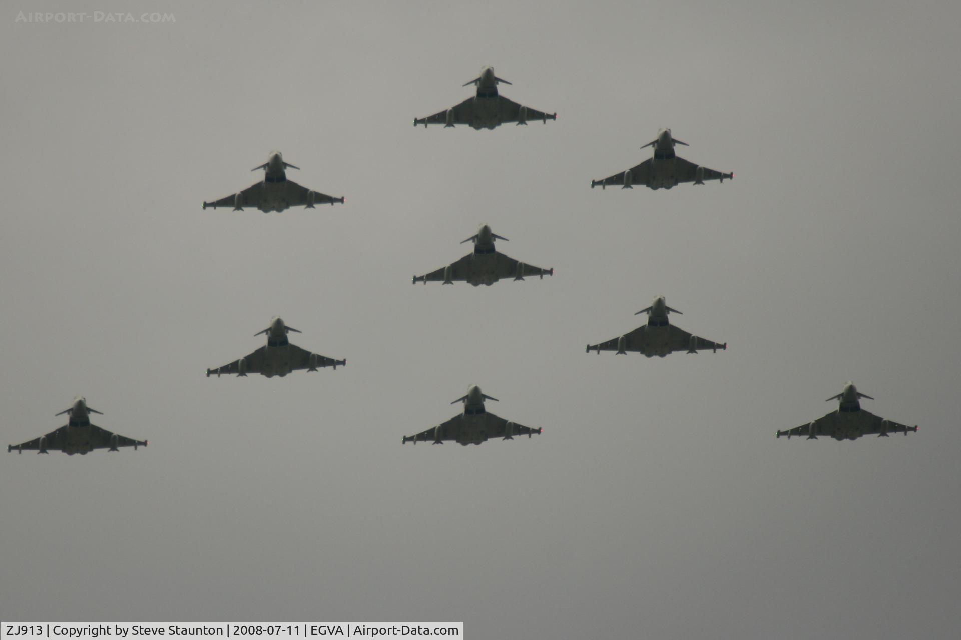 ZJ913, 2004 Eurofighter EF-2000 Typhoon FGR4 C/N 0047/BS004, Royal Air Force 90th Anniversary fly past 11th July 2008 at RIAT Fairford in front of Her Majesty The Queen on a cold, wet and gloomy English Summers Day
