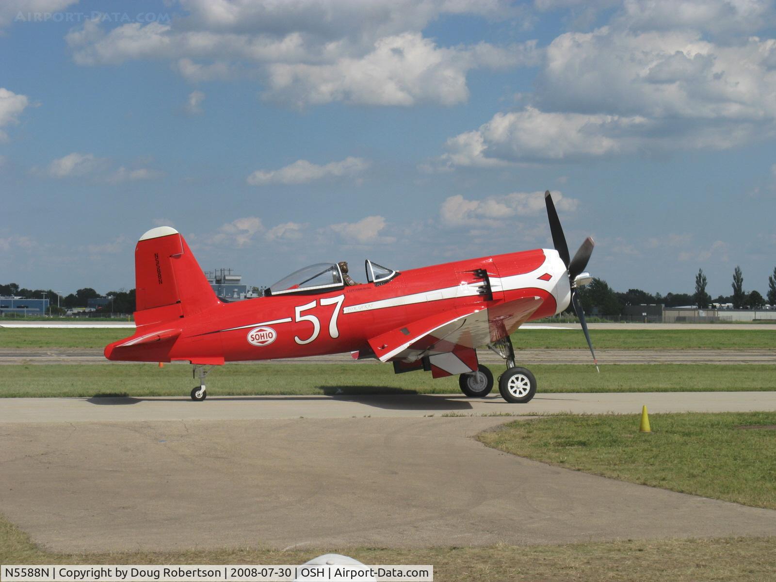 N5588N, 1945 Vought (Goodyear) F2G-1 Corsair C/N 6167, 1945 Goodyear F2G-1 SUPER CORSAIR, P&W R-4360 Wasp Major 'Corncob' 28 cylinder 56 sparkplug radial-3,850 Hp!, 14 foot diameter Hamilton Standard prop with one white blade, rate of climb 5,120 ft/min. 10 were built & this is ONLY ONE left flying, taxi 