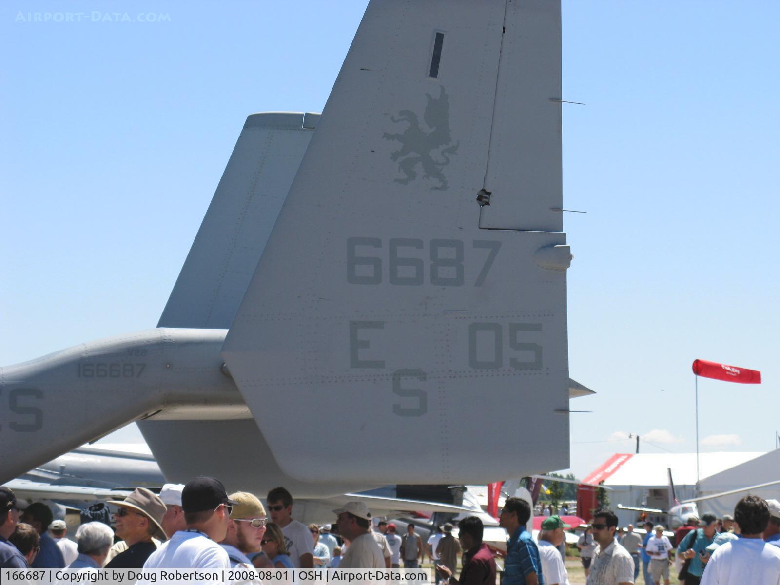 166687, Bell-Boeing MV-22B Osprey C/N D0081, Bell-Boeing MV-22B 'OSPREY' of USMC VMM-266, two Rolls Royce AE1107C Liberty Turboshaft 6,150 shp each, FADEC & HOTAS, cross-coupled transmission, wing swivels to stow, folding proprotors, tails. Max level cruise 300 kts at 20,000'.