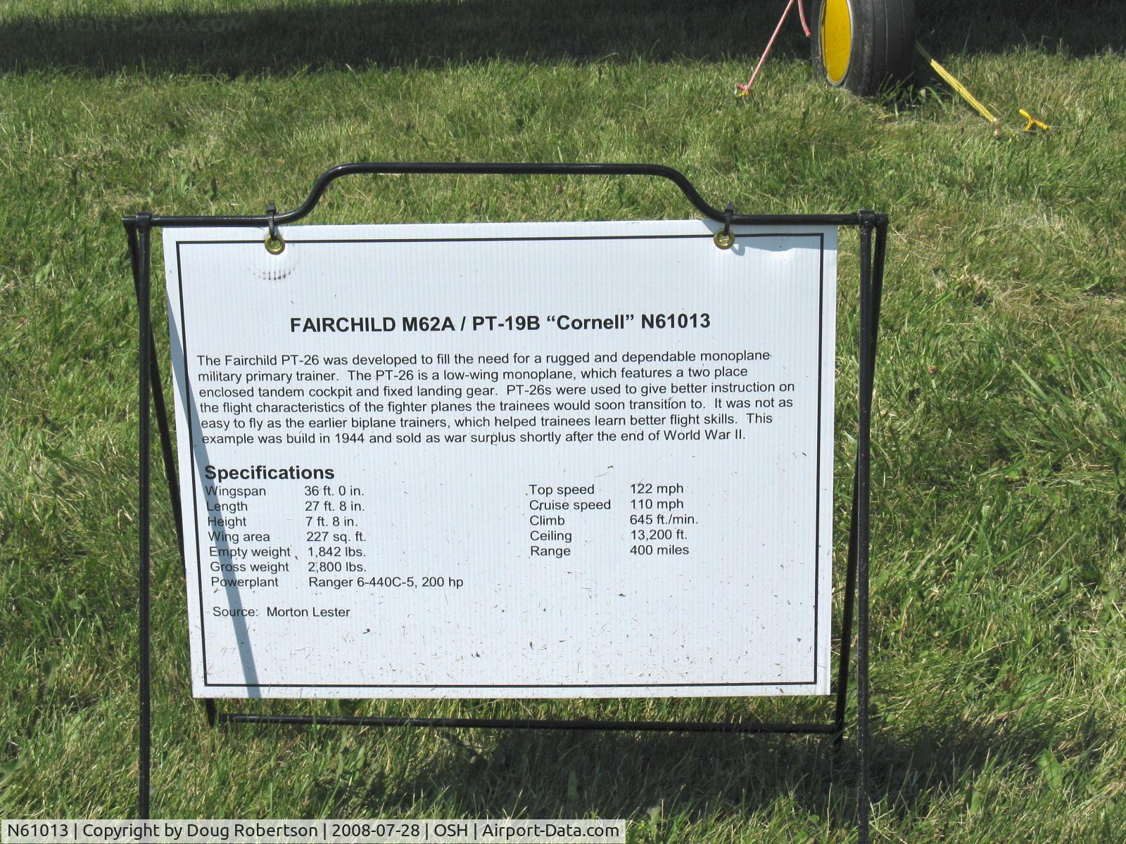 N61013, 1944 Fairchild M-62A Cornell C/N T43-7240, 1944 Fairchild M-62A CORNELL, Fairchild 6-440C-5 200 Hp, data