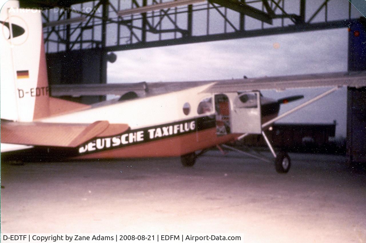 D-EDTF, 1961 Pilatus PC-6/A-H2 Turbo Porter C/N 513, Pilatus Porter PC-6 in Deustche taxiflug colors Reg# D-EDTF at Nueostheim, Germany @ 1961 - also noted in registry as - OE-DEM, D-EDTF, HB-FCG